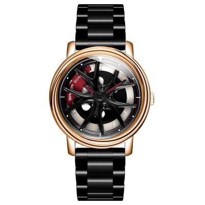 China Real Water Resistant 360 Flying Dial Watch 3d Car Wheel Rim Hub Watch Stainless Steel Rotating Band for sale