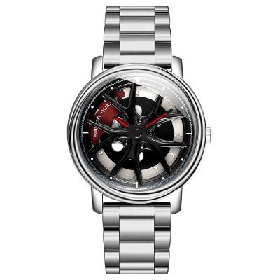 China Real Water Resistant 360 Flying Dial Watch 3d Car Wheel Rim Hub Watch Stainless Steel Rotating Band for sale