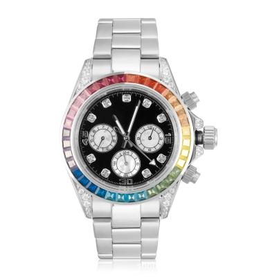 China Day/Date CNC Set Multicolor Zircon 3A Sapphire Crystal VVS Diamond Watch Silver Stainless Steel Jewelry Watch Glass for sale