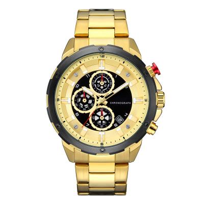 China Gold Luxury Mens IP Water Resistant Brand Stainless Steel Watch Six Needle Business Casual Wristwatch With Calendar for sale