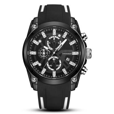 China Large Size Water Resistant 53mm Chrono Full Black Silicone Strap Sports Watch For Men Japan Quartz Movement for sale