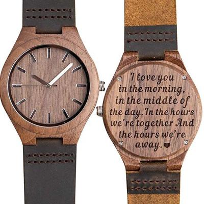 China Men Engrave Wood Watch Logo Leather Strap Mens Wooden Watch Case Japan Quartz Deep Walnut Movement Back for sale