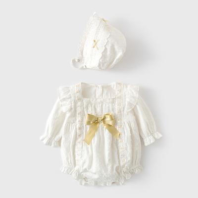 China Polyester / Cotton Stats Kids Clothes Girls Clothing 2022 New Spring Long Sleeved Solid Color Lace Bow Baby Rompers With Hat for sale