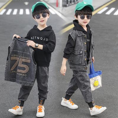 China HIGH STREET 3 Piece Winter Kids Clothes Boys Clothing Set Denim Jacket Set Toddler Gray Skinny Jeans Vest for sale