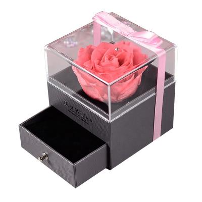 China PX821 indoor decoration dry flower rose valentine's day gift acrylic single pink gift box immortal flower dried flowers/pampas wholesale for home for sale