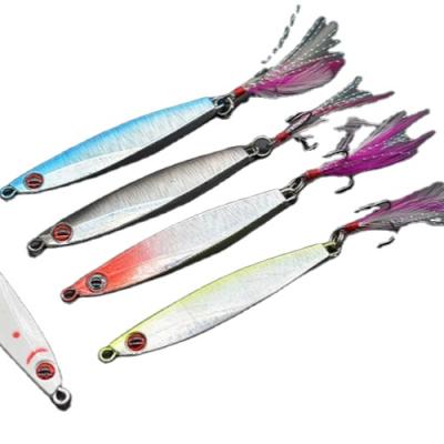 China Lead Quality Guarantee 8cm 40g Saltwater Fishing Lure Lead Metal Sinking Pencil Hard Building Bait With Feather Hook for sale