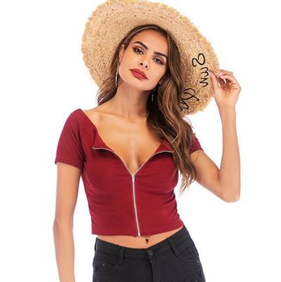 China 2021 Cheap Anti-Wrinkle Lingerie Casual Short Sleeve Red Zipper T-Shirts For Women for sale