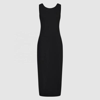 China Breathable Women's Black Slim Fit Dress Around Neck Party Base Classic Cavity Leaky Split Back Sexy Long Dress for sale