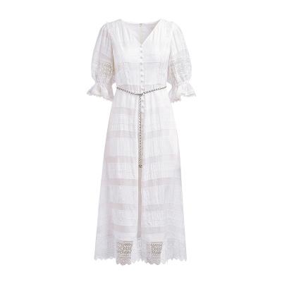 China 2023 Summer Women Three Quarter Sleeve Dress Breathable White V-Neckline Loose Crochet Hollow Ladies Lace Elegant Casual Dresses for sale