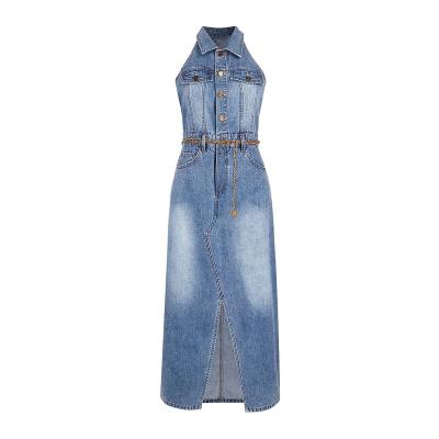 China Summer Women's Jean Dress Sleeveless Halter Neck Breathable Slit Washed Denim Classic Light Blue Dress With Belt for sale