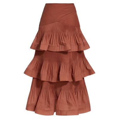 China Elegant Women Breathable Summer Outwear Work Solid A Line Skirt Tiered Ruffles Pleated Vacation Style Maxi Skirt For Ladies for sale