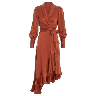 China Breathable Classic Silk Red Irregular Elegant Ladies Vintage Ruffle Wrap Midi Dress Women's Evening Dress Luxury Dresses Flowy for sale