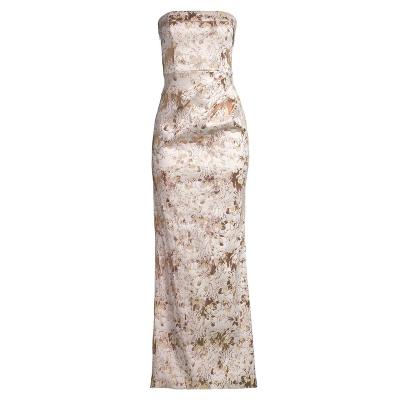 China 2023 Spring Breathable Summer Custom Strapless Bow Printed Elegant Gold Trimming Dress For Women for sale