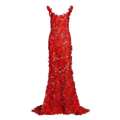 China Breathable Women's Red Floral Embroidery Cutout Evening Dress Luxury Elegant Mermaid Trailing Even Ball Gown Dress for sale