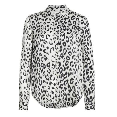 China Breathable Stylish Long Sleeves  Button-front Luxury Silk Woven Leopard-Print  Stand Collar  Dropped Shoulder Blouse For Women for sale