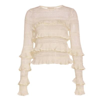 China Breathable 2023 Custom Stylish Ladies Long Sleeves Layered and Crewneck Semi-sheer Casual Frill Knitted Fashion Top&Blouse For Women for sale