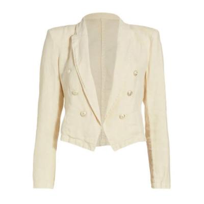 China Breathable Stylish Women Classic Cropped V-neck  Long Sleeves  Jacket Turn-down Collar and Double Breasted Button Linen Blazer For Ladies for sale