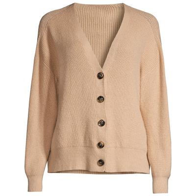 China Breathable Solid Color  Cashmere Classic V-neck Women Rib-knit Cardigan Long Blouson Sleeves Relaxed-fit Style Ribbed Knitwear Cardigan for sale