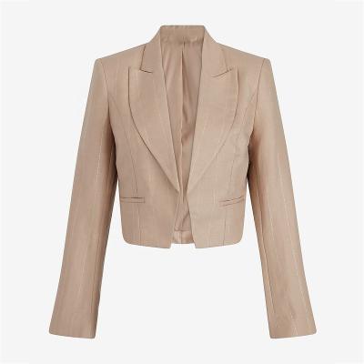 China Breathable Women's Linen Blend Cropped Blazer Stripe Twill Casual Formal Suit Ladies Office Career Blazer Workwear for sale