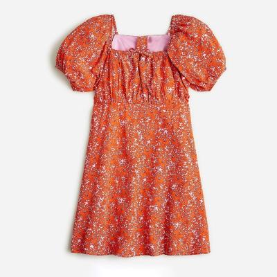 China Washable Girls Floral Print Casual Mini Dress Square Neck Puff Sleeve Front Tie Pleated Summer Beach Teen Girls Dress for sale