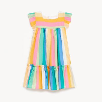 China Washable Summer Children's Casual Dress Rainbow Streak Pleated Sleeveless Loose Basic Dress Pure Cotton Girls Striped Dress for sale