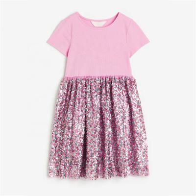 China Washable Girls Basic Round Neck Short Sleeve T-Shirt Summer Casual Sequined Jersey Dress Kids Birthday Party Dress for sale