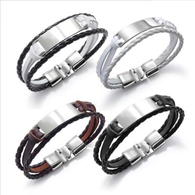 China Vintage European and American men's fashion bracelet simple multi-layer woven smooth PU leather alloy inscription woven bracelet for sale