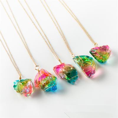 China Rough Stone Necklace Ladies Crystal Pendant Transparent Multicolor Chain Winding Cute Colorful Irregular Natural Stone Necklace for sale