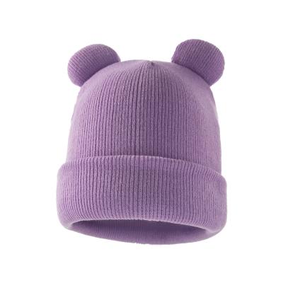 China ZG Character 2021European And Baby Acrylic Beanie Warm Plain Hat 1-4Years Bear Ears Solid Color New American Winter Hat Knitted Children for sale