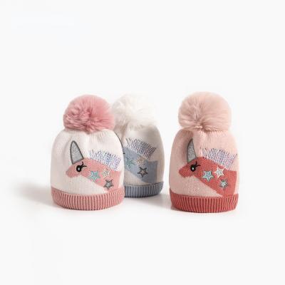 China New Unicorn Embroidery Big Fur Ball Autumn And Winter Woolen Hat JOINT Baby Fashion Children's Warm Knitted Hat Sleeve Cap for sale