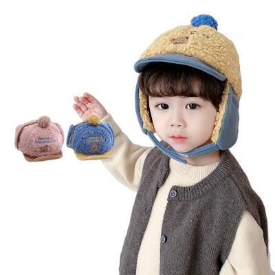 China Character ZG Sports Baby Hat Winter Cartoon Bear Pattern Lamb Fur Peaked Lei Feng Warm Visor Hats Cute Boy Hats Earflaps Children for sale