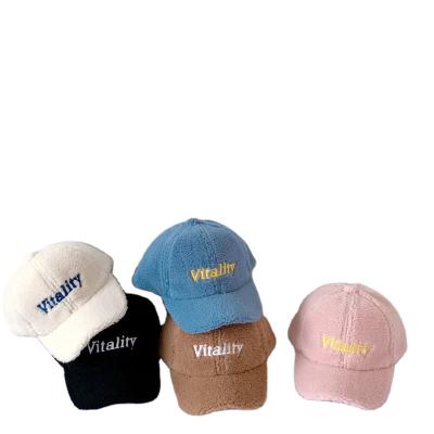 China COMMON children's hat 2021 soft boys and girls new winter letter lambswool baseball hat Korean style warm hat in stock for sale