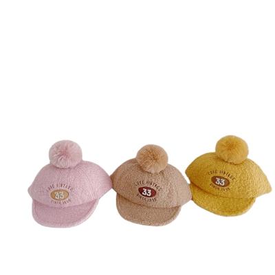 China New Character Design Lambswool Fur Ball Brim Plush Hood Boy's Warm Hats Soft Brim Newborn Baby Winter Hat Children's Hats In Stock for sale