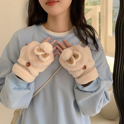 China ZG Rabbit Winter Simple Women Gloves Cute Flip Half Finger Gloves Female Fleece Striped Padded Warm Plush Women Cold Proof Gloves for sale