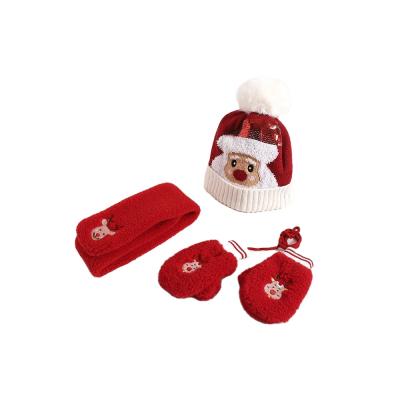 China Medium Costume Children's Christmas Hat Scarf Top Selling Elk Scarf Three-Piece Warm Fur Ball Knitted Wool HAT for sale