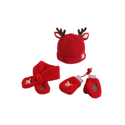 China Cute Baby Knitted Hat Christmas Costume Fleece Lined Three-Piece Deer Horn Scarf Hat Set Medium Children's Hat Scarf for sale