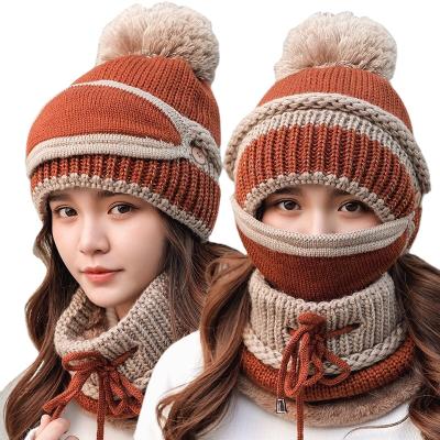 China Set Medium Women's Mask Scarf Hat Winter Three Piece Modern Style Knitted Fleece Striped Padded Warm Keeping Earflaps Hat Cycling Ladies for sale