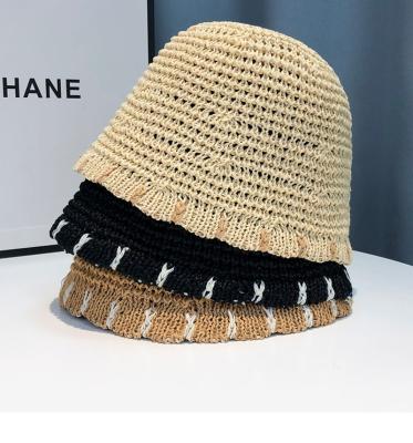 China Lengthed.Foldable Niche Female Hollowed Out Design Solid Color Bucket Hat Two Color Splicing Lengthened Ladies Fisherman's Summer Hat for sale