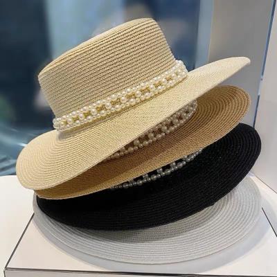 China Flat gutters. French style Sun-proof ladies bead fashion women's flat surface chain top hat retro bead sun protection straw hat large brim design for sale