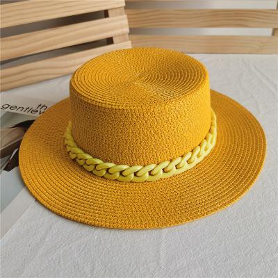 China Wide Brim Summer Women's Brim.Sun-proof New Big Dyed Chain Custom Flat Top Hat Colorful Trendy All-match Casual Straw Hat 2023 for sale