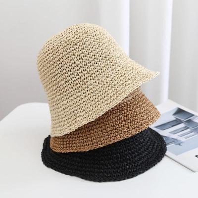 China Straw Hat Women Beach Style Solid Color Eaves Japanese Korean Hollow Hat Woven Cool Popular Sunshade Foldable Soft Girls Hat Small for sale