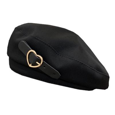 China Casual.Cool Wholesale Price Vintage Stylish Women Beret Metal Heart Painter Hat With Pop Pure Black Elements For Fashion Girls for sale