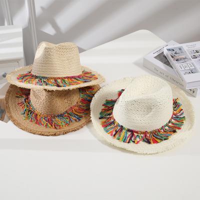 China Fashion Adjustable Fresh Men's Straw Hat Bohemian Shade Jungle Style Women's Beach Hat With Colorful Tassel Wholesale Floppy Hat for sale