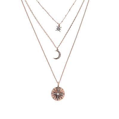 China 2022 New Vintage Designs Fashion Jewelry Vintage Gold Plated Star And Moon Triple Multi Layer Layered Necklace for sale