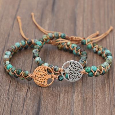 China BOHEMIA Mixed Turquoise Stone Natural Tree of Life Bracelet Hand - Natural Gemstones Woven Adjustable Stone Bracelets for sale