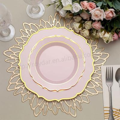 China Gold Dessert Salad Bowls Plastic Dinnerware Round Confirmed With Gold Scalloped Rim Chasing Dish To Wedding for sale