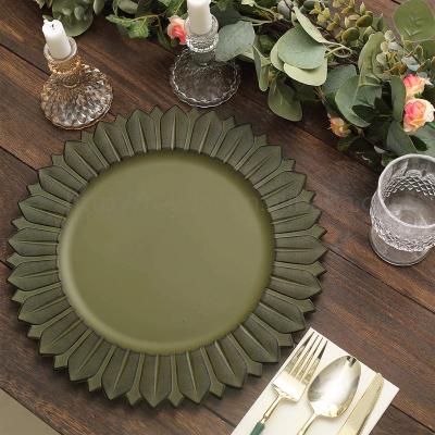 China Fancy Custom Viable Matte Olive Green Sunflower Charger Plates for Restaurant Plastic Round Dinner Serving Trays for sale