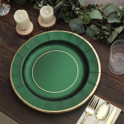 China Gold Rim Sunray Charger Plates Heavy Duty Khaki Paper Viable Wedding Serving Dishes For Banquet for sale