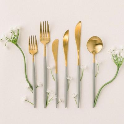 China Luxury Gold Stocked Flatware Wedding Event Gold Plated Long Handle Black Ceramic Gold Matt Finished Luxury Spoon Fork and Knife Set for sale