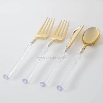 China Factory Stocked Hotel Party Cutlery Gold Handle Fork Flatware Set Professional Acrylic Luxury Flatware Stainless Spoon for sale